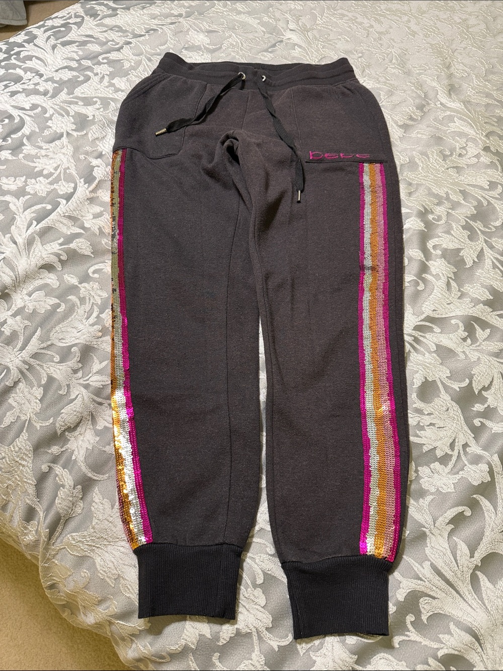 Bebe Black Sequin-Trim Jogger Pants